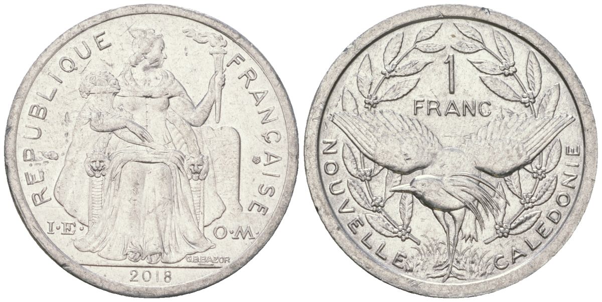 Французская Новая Каледония 1 франк 2018 птица кагу, (IEOM) KM 10, Schoen 10 алюминий 54-1455