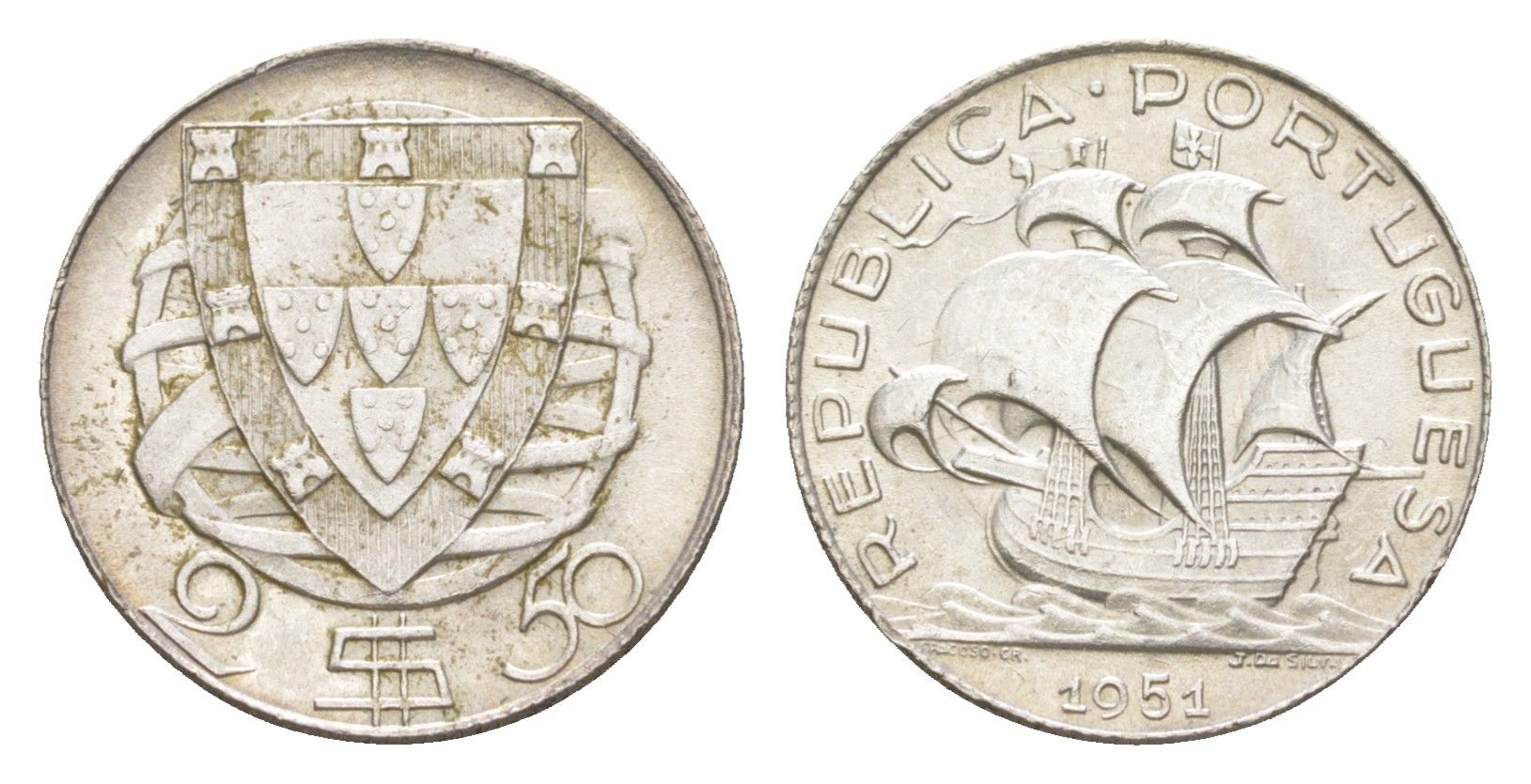 Португалия 2,5 (2 1/2) эскудо 1951 KM 580 серебро UNC 4649-1058