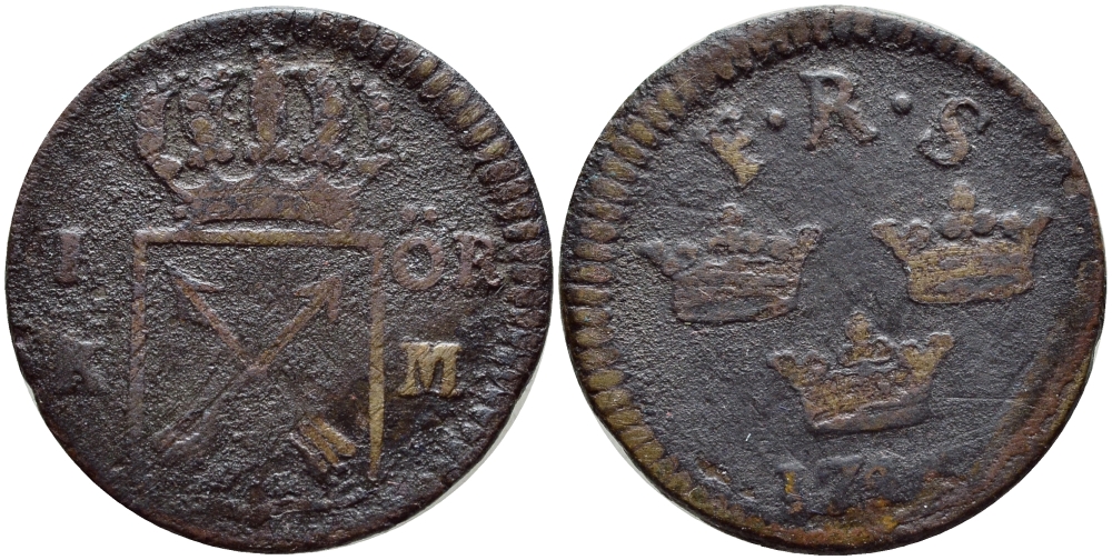 Швеция 1 эре 1746 F.R.S., Фредерик I (1720-1751) KM 383.3 медь 4395-1132