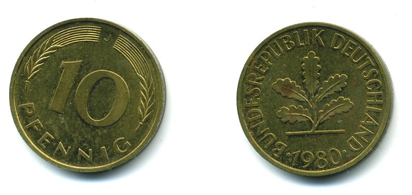 ФРГ 10 ПФЕННИГОВ 1980 J KM 108, J. 383 сталь плакированная латунью 46-1315