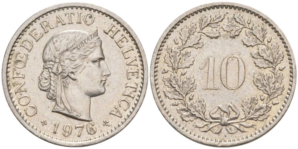 Швейцария 10 раппенов 1976 KM 27 медно-никель 55-511