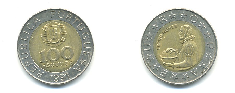 Португалия 100 эскудо 1991 Педру Нуниш (1502-1578), математик KM 645.1 биметалл 56-956