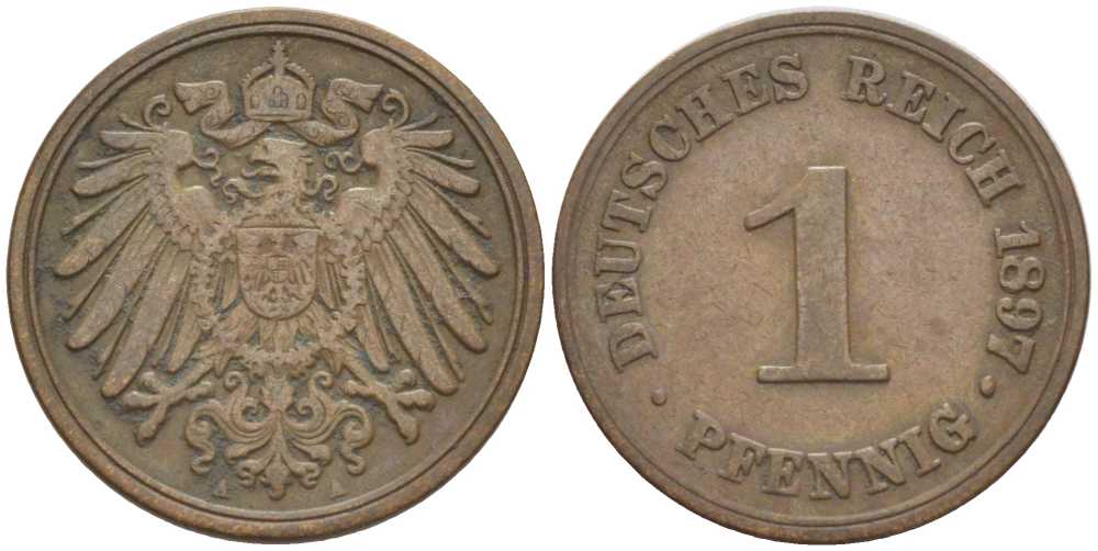 Германия 1 пфенниг 1897 A KM 10, J. 10, Weege 2 медь 211-221