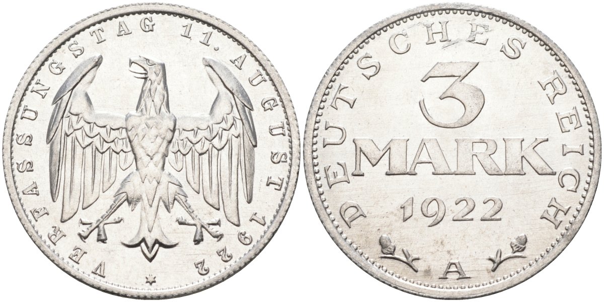 Германия 3 марки 1922 A, третья годовщина Веймарской Конституции KM 29, J.303 алюминий UNC 4587-315