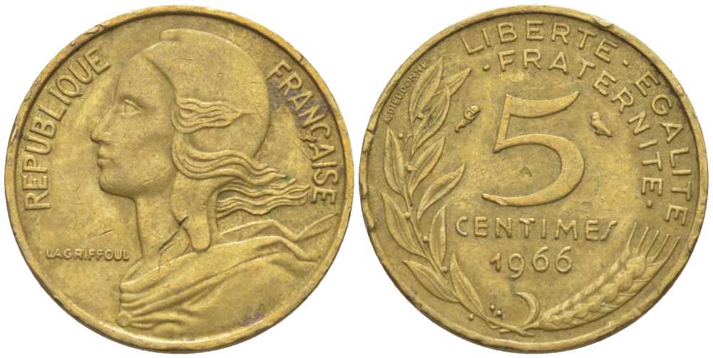 ФРАНЦИЯ 5 САНТИМОВ 1966 ТИП MARIANNE KM 933, LE FRANC 125.2 алюминиевая бронза 116-438