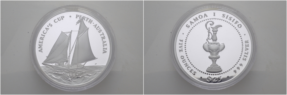 Самоа 25 тала 1987 Кубок Америки, парусные яхты, 156,03 грамма KM 67 серебро PROOF 01-019-23-2