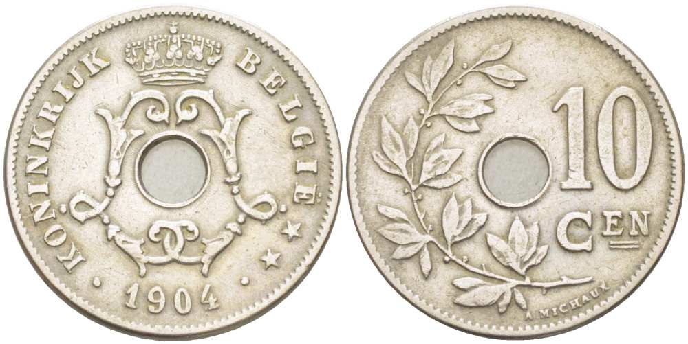 БЕЛЬГИЯ 10 САНТИМОВ 1904 BELGIE KM 53 медно-никель 210-1046