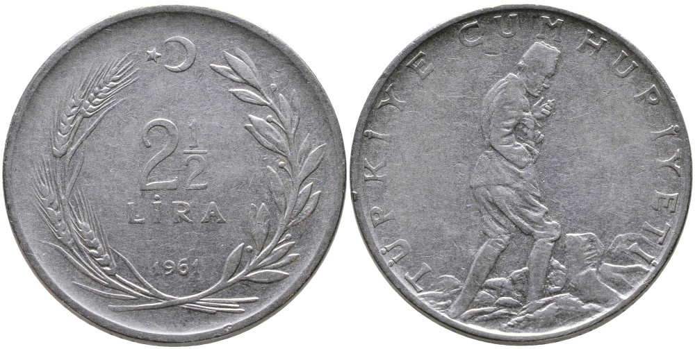 ТУРЦИЯ 2 1/2 ЛИРЫ 1961 KM 893.1 нержавеющая сталь 29-1031