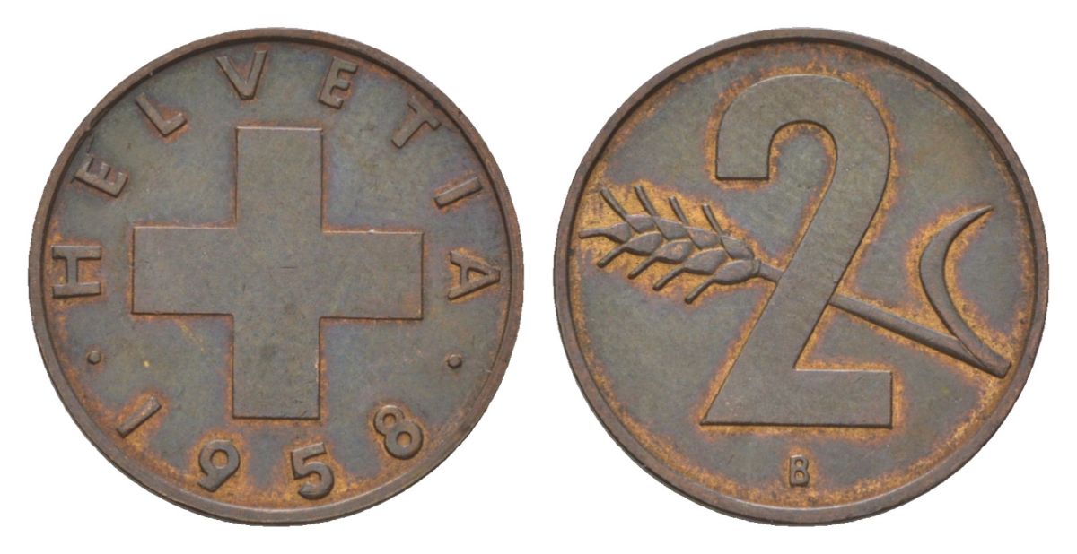 Швейцария 2 раппена 1958 B KM 47 бронза 4627-832