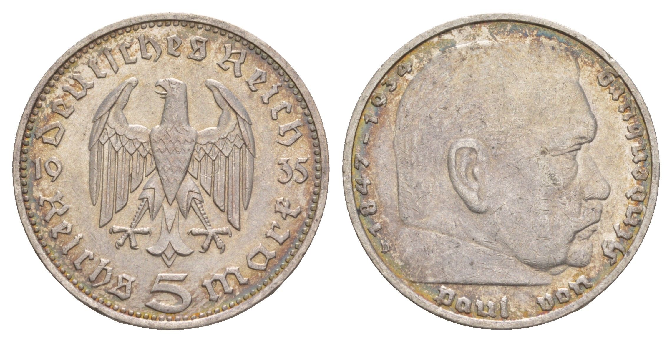 Германия 5 рейхсмарок 1935 D, Пауль фон Гинденбург (1847-1934) KM 86, J. 360 серебро 1528-115