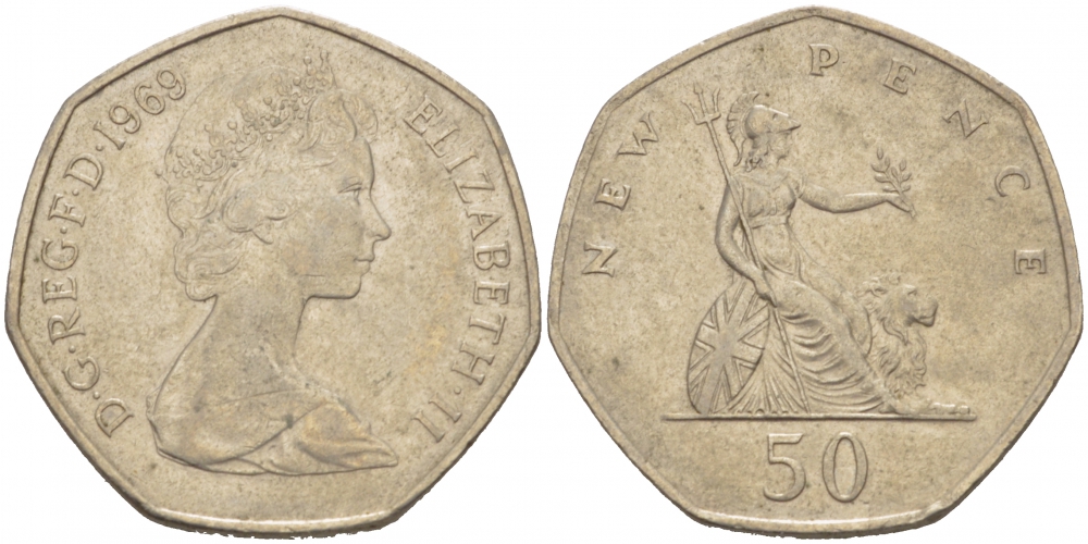 Великобритания 50 пенсов 1969 Елизавета II (1952-2022) KM 913, Spink 4223 (H1) медно-никель 4403-832