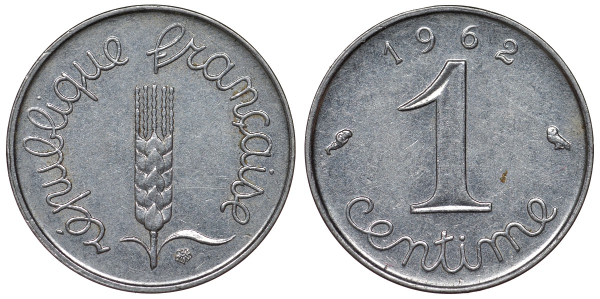 Франция 1 сантим 1962 пятая республика KM 928, Le Franc 106.4 нержавеющая сталь 4124-354