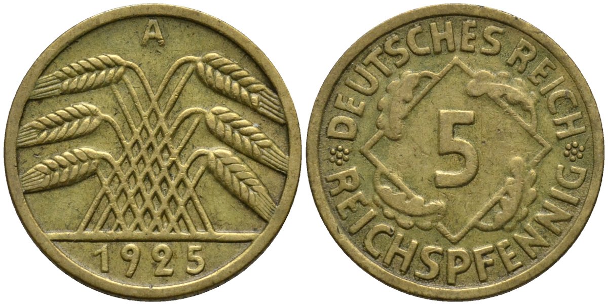 Германия 5 рейхспфеннигов 1925 A KM 39, J. 316, Weege 7 алюминиевая бронза 4516-366