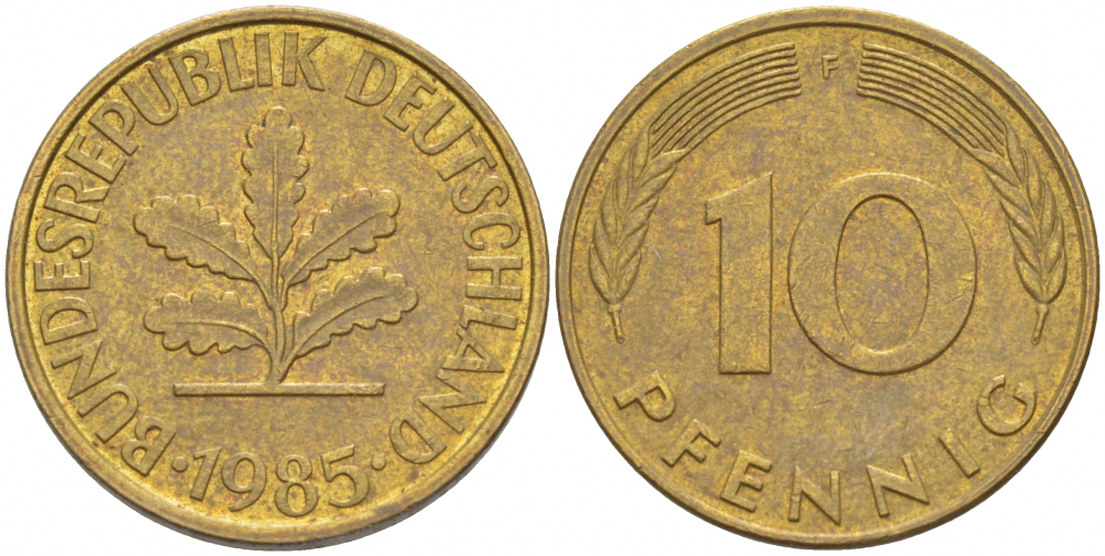 ФРГ 10 ПФЕННИГОВ 1985 F KM 108, J.383 сталь плакированная латунью 3996-855