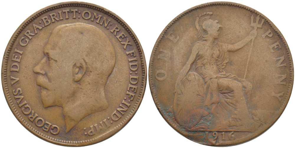 Великобритания 1 пенни 1916 Георг V (1910-1936) KM 810, Spink 4051 бронза 111-1241