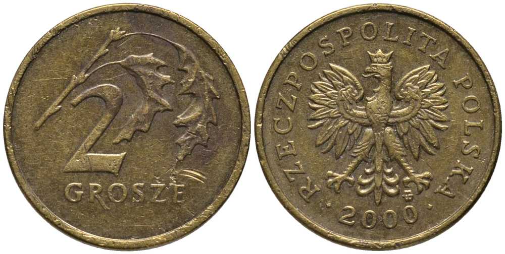 Польша 2 гроша 2000 MW KM 277, Parchimowicz 702g латунь 201-412