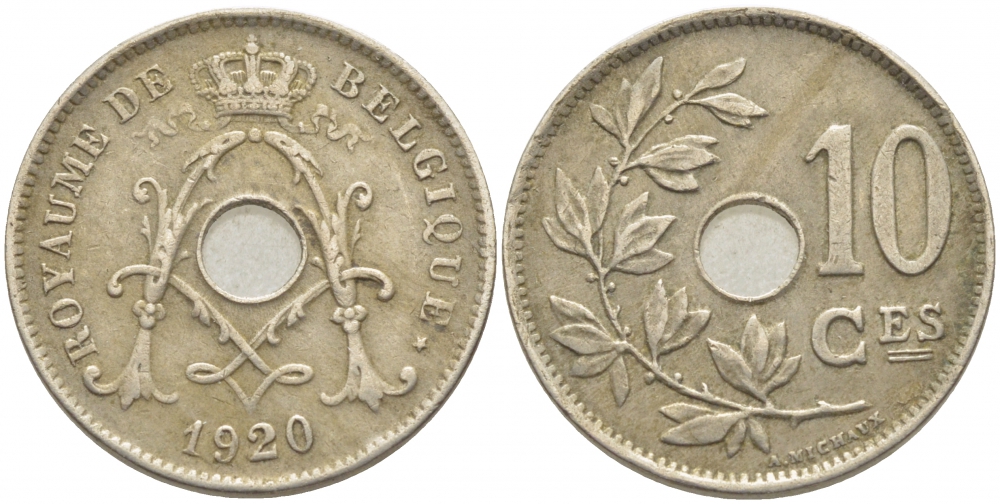 БЕЛЬГИЯ 10 САНТИМОВ 1920 BELGIQUE KM 85.1 медно-никель 3856-436