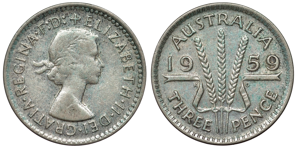 Австралия 3 пенса 1959 m, Елизавета II (1952-2022) KM 57 серебро 71-563