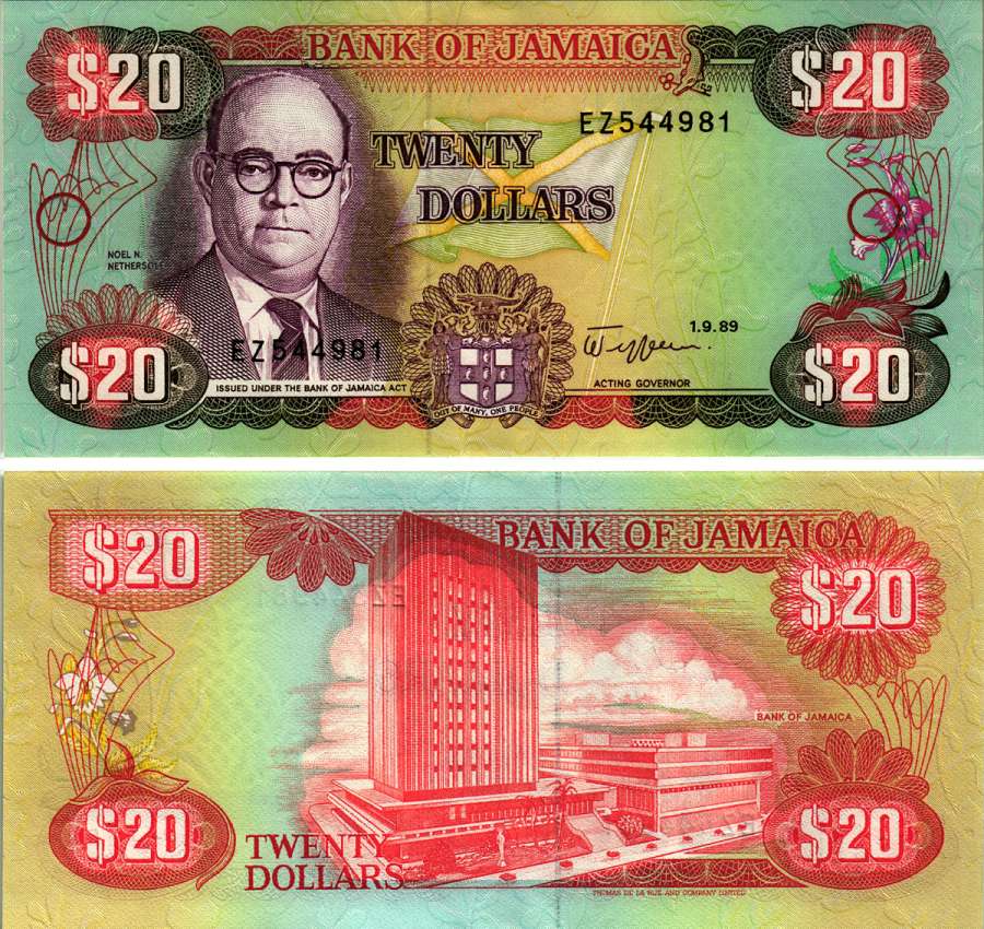 Ямайка 20 долларов 1989 Ноэл Ньютон Нетерсол, здание Центрального банка Pick 72c бумага аUNC 6299-44-1-1
