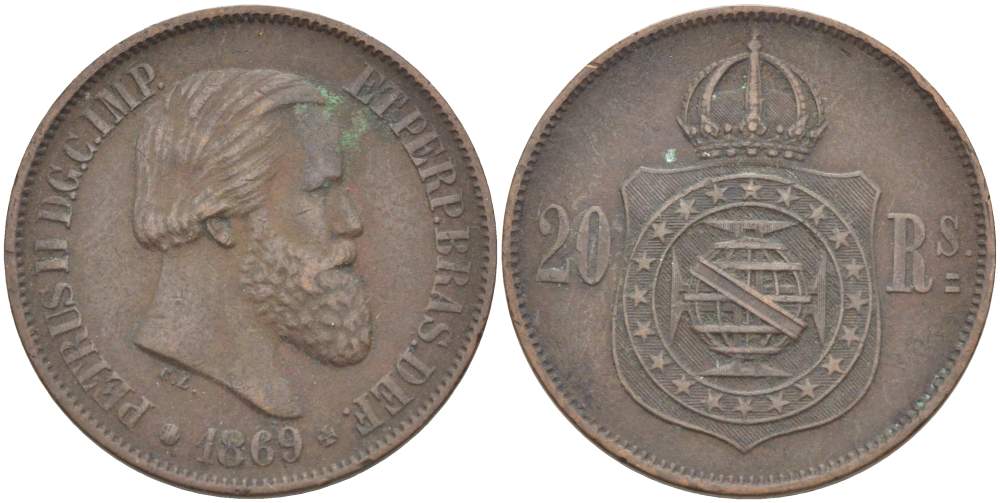 Бразилия 20 рейсов 1869 Педро II (1831-1889) KM 474 бронза 4529-511