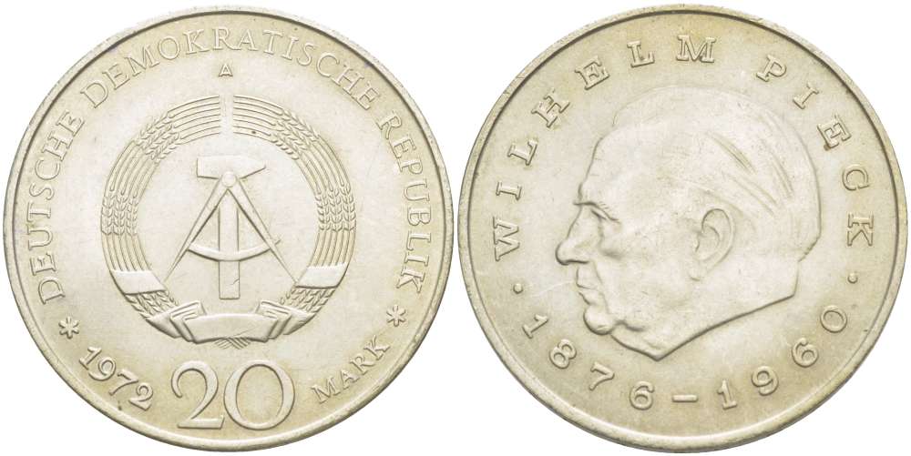 ГДР 20 марок 1972 А, Вильгельм Пик (1876-1960) KM 42 медно-никель 4521-441