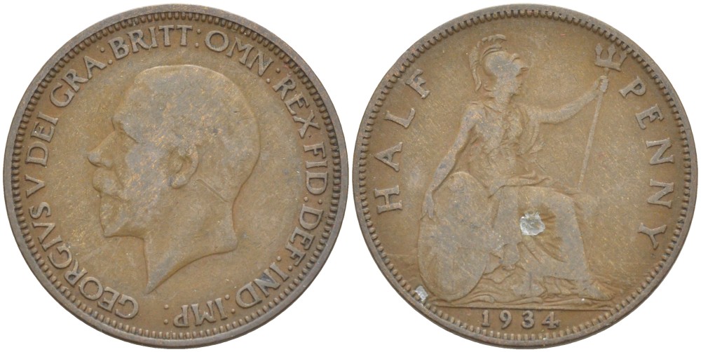 Великобритания 1/2 пенни 1934 Георг V (1910-1936) KM 837, Spink 4058 бронза 4514-1137