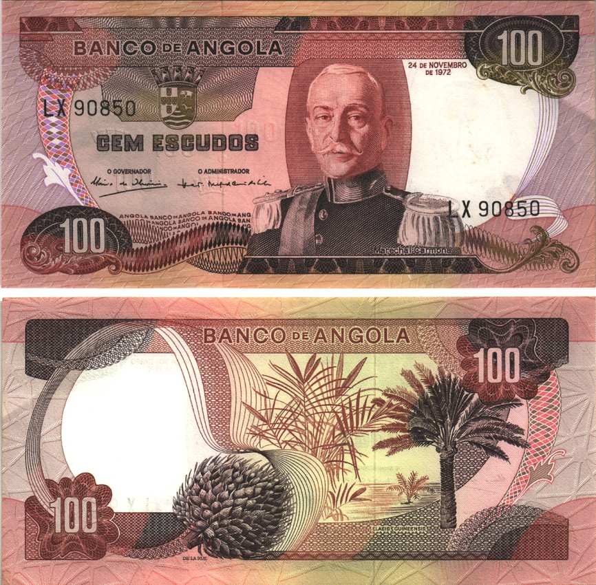 АНГОЛА 100 ЭСКУДО 1972 24 НОЯБРЯ 1972, МАРШАЛ КАРМОНА Pick 101 бумага aUNC 7116-46-3-1
