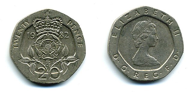 Великобритания 20 пенсов 1982 Елизавета II (1952-2022) KM 931, Spink 4230 (G1) медно-никель 4110-953