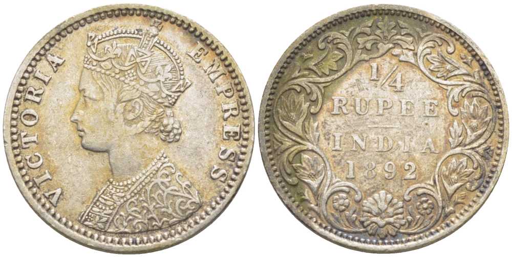 Британская Индия 1/4 рупии 1892 Виктория KM 490 серебро 3896-1332