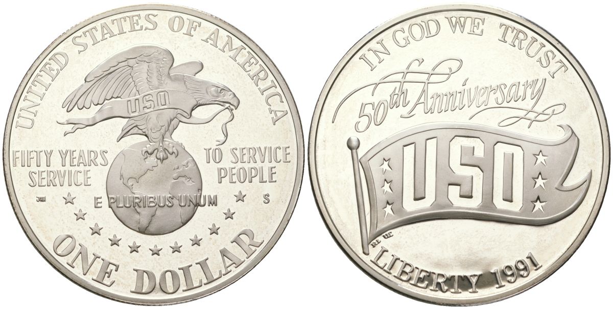США 1 доллар 1991 S, 50 лет объединённым организациям обслуживания (USO) KM 232 серебро PROOF 11-311-12