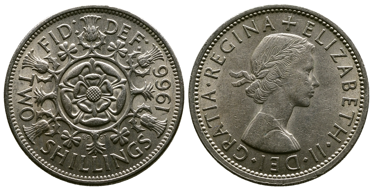 Великобритания 2 шиллинга (флорин) 1966 Елизавета II (1952-2022) KM 906, Spink 4146 медно-никель 4382-723