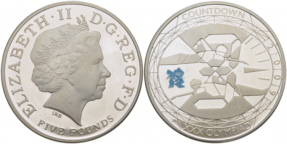 Великобритания 5 фунтов 2009 Елизавета II (1952-2022), XXX летние Олимпийские Игры, Лондон 2012 - Обратный отсчет «3», Плавание KM 1121a, Spink LO33 серебро PROOF 1077-6-23