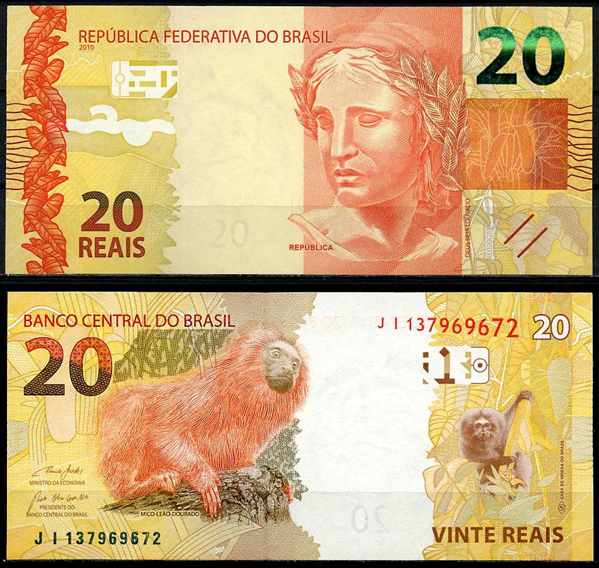 Бразилия 20 реалов 2010 голова Республики, золотистоплечий тамарин Pick 255 e  бумага  UNC (пресс) 447-50-3
