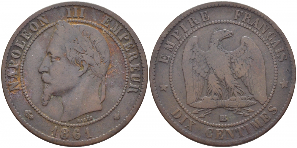 ФРАНЦИЯ 10 САНТИМОВ 1861 BB, НАПОЛЕОН III (1852-1870) KM 798.2, LA FRANC 134.3 бронза 114-725
