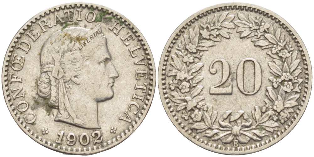 ШВЕЙЦАРИЯ 20 РАППЕНОВ 1902 В KM 29 никель 4513-242