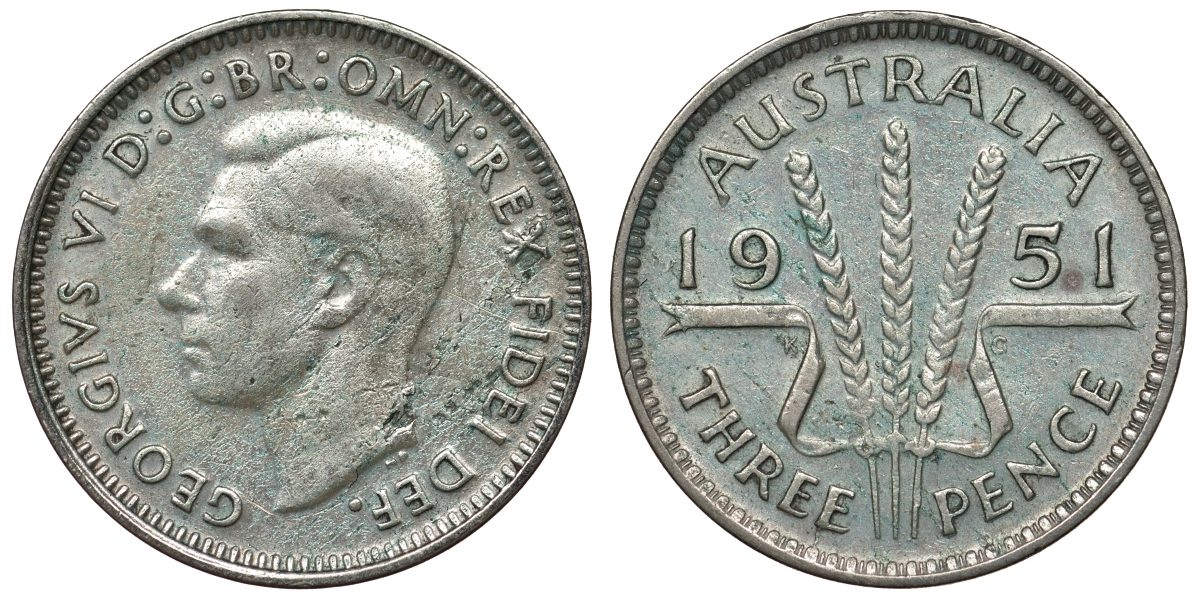 Австралия 3 пенса 1951 m, Георг VI (1937-1952), без букв KM 44 серебро 71-318