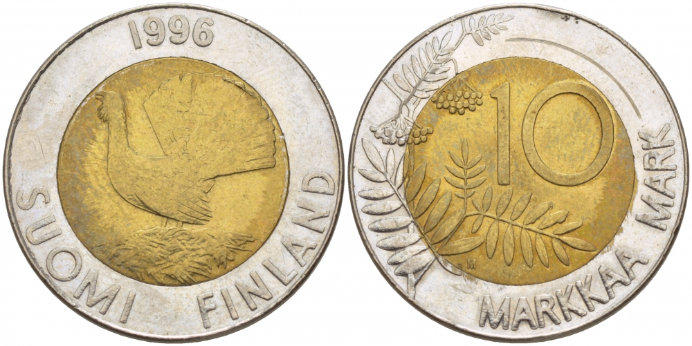 ФИНЛЯНДИЯ 10 МАРОК 1996 М, ТЕТЕРЕВ KM 77 биметалл 180-241