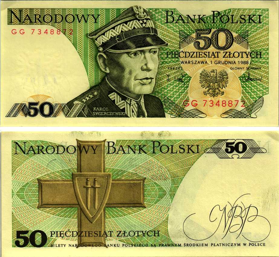 Польша 50 злотых 1988 Кароль Сверчевский, знак Грюнвальдского ордена Pick 142 c бумага аUNC 8607-71-2-2