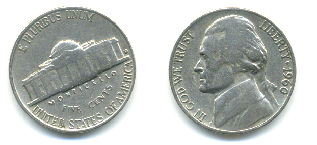 США 5 ЦЕНТОВ 1960 ДЖЕФФЕРСОН KM А192 медно-никель 86-543