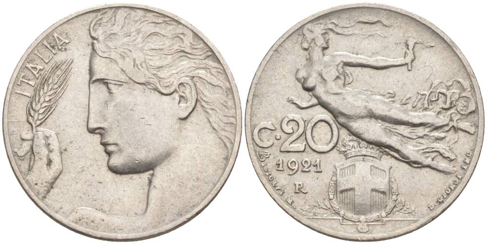 Италия 20 чентезимо 1921 R, Виктор Эммануил III (1900-1946) KM 44 никель 3853-237