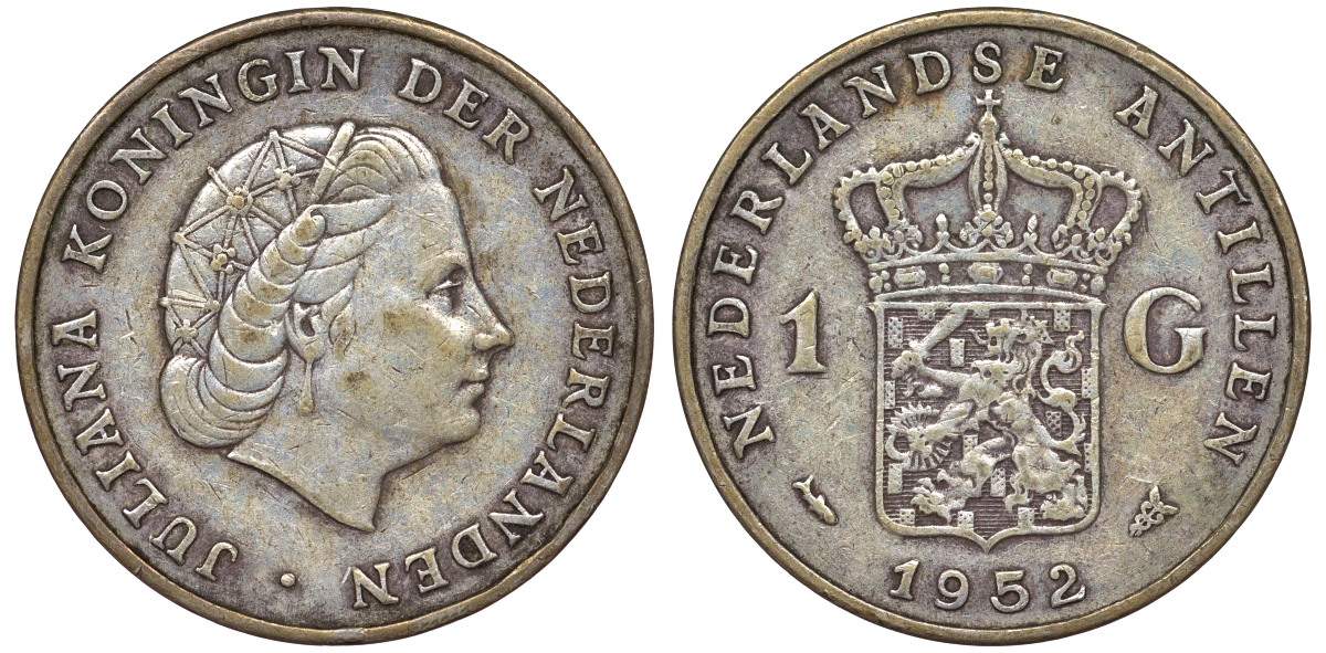 Нидерландские Антилы 1 гульден 1952 Юлиана (1948-1980) KM 2 серебро 36-912