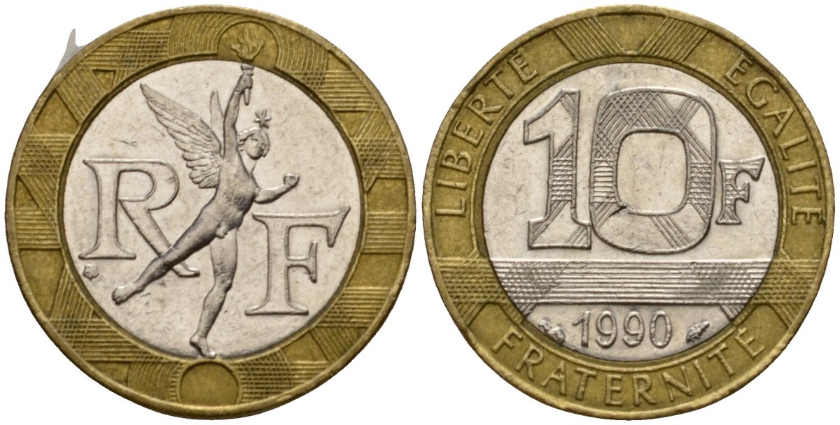 Франция 10 франков 1990 тип Гений Бастилии KM 964.1, Le Frank 375.5 биметалл 4601-421