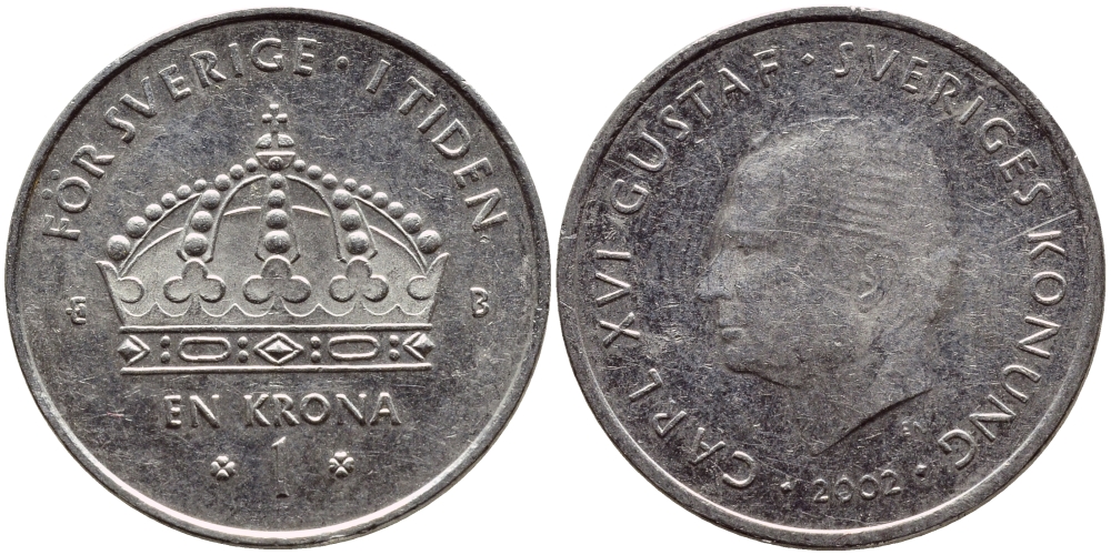 Швеция 1 крона 2002 Карл XVI Густав (1973- ) KM 894 медно-никель 4364-822