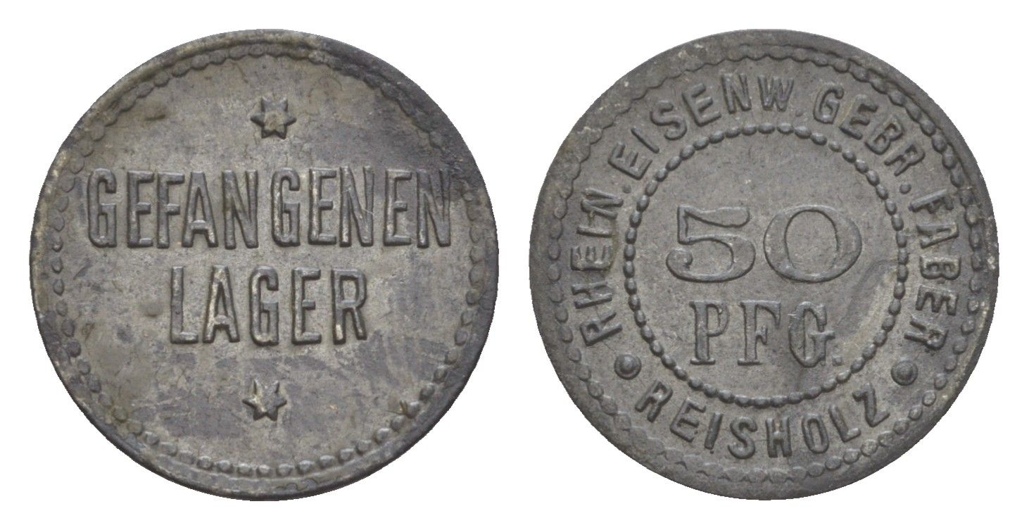 Райсхольц 50 пфеннигов ND тюремный жетон, Rhein. Eisenw. Gebr. Faber Men05 21451.3, Men18 26786.3 цинк 1527-1425
