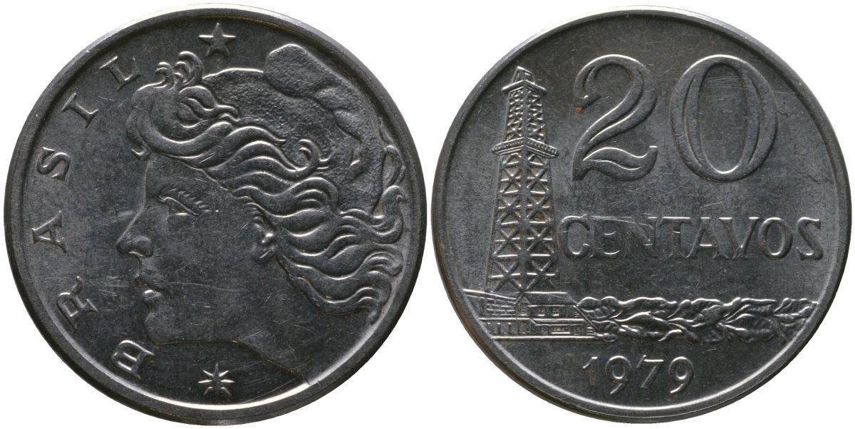 Бразилия 20 сентаво 1979 голова Свободы влево KM 579.1a, Schon 84b нержавеющая сталь aUNC 4577-1224