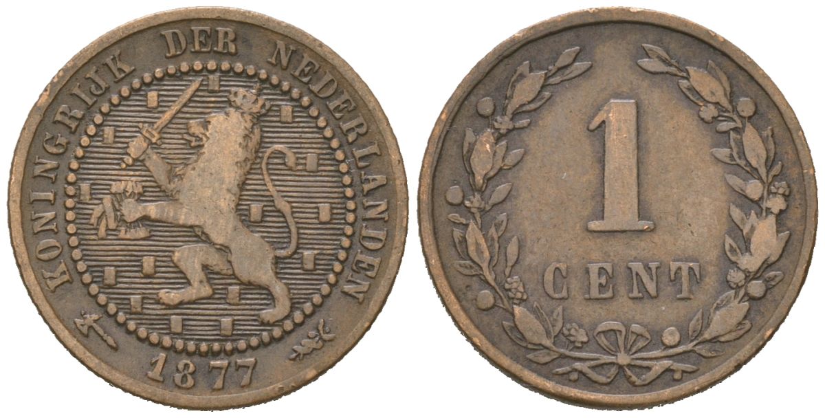 Нидерланды 1 цент 1877 Виллем III (1849-1890) KM 107 бронза 4154-211