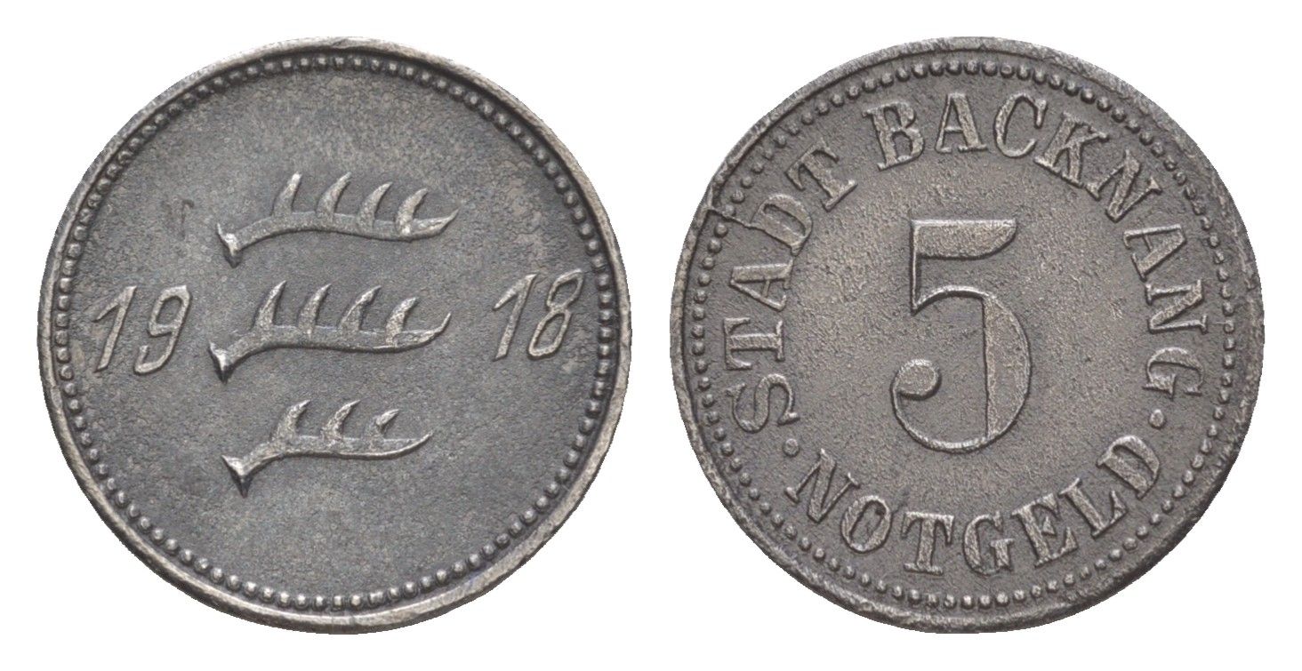 Бакнанг 5 пфеннигов 1918 маленькая пятерка Funck 25.3, Men05 1171.3, Men18 1511.3 железо 4636-1043