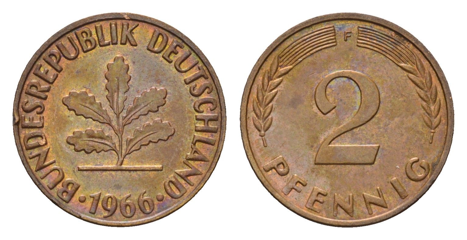 ФРГ 2 пфеннига 1966 F KM 106, J. 381 бронза 3450-114