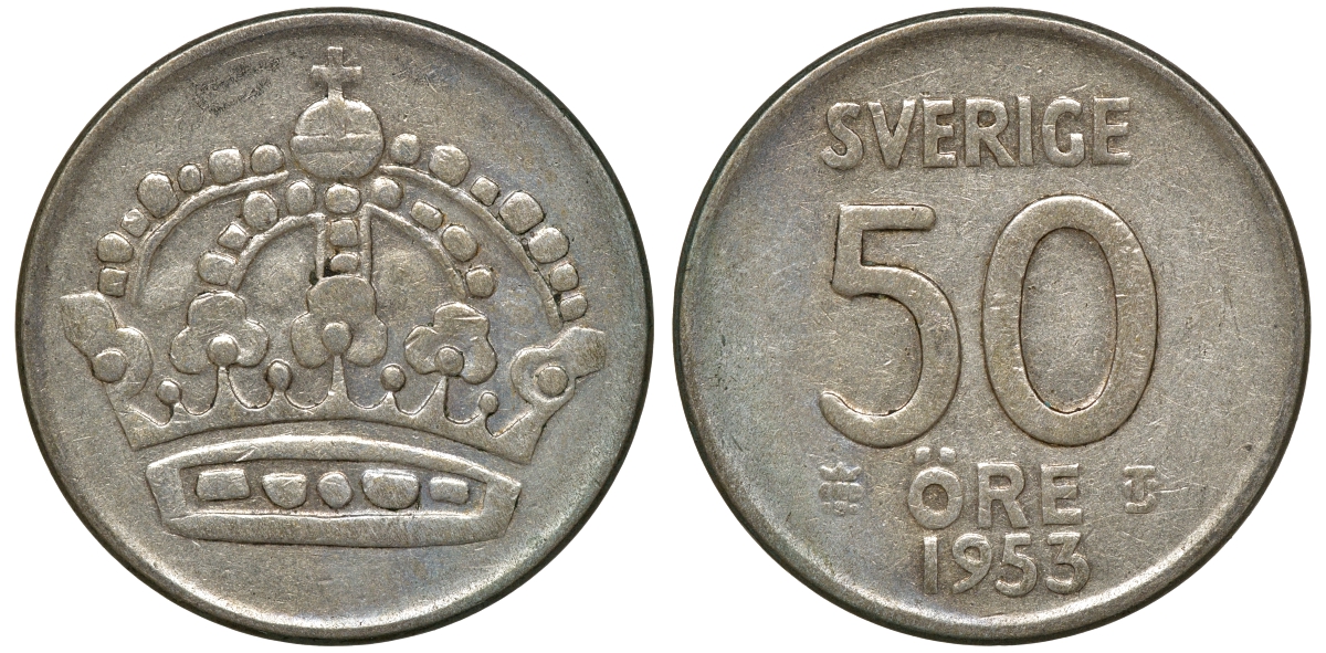 Швеция 50 эре 1953 TS, Густав VI Адольф (1950-1973) KM 825 серебро 4179-1014