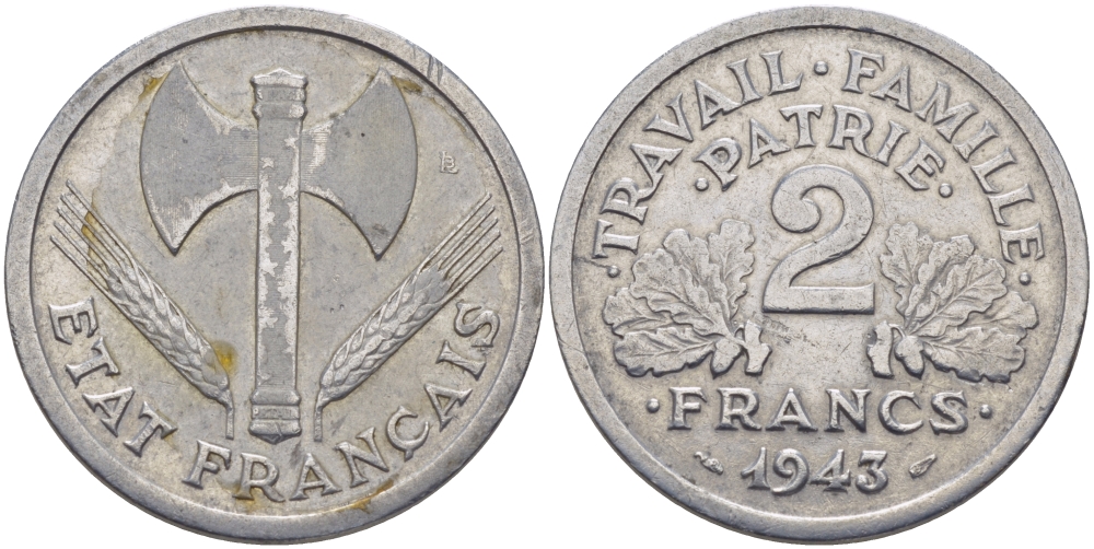 Франция 2 франка 1943 правительство Виши, в лаке KM 904.1 алюминий 67-844